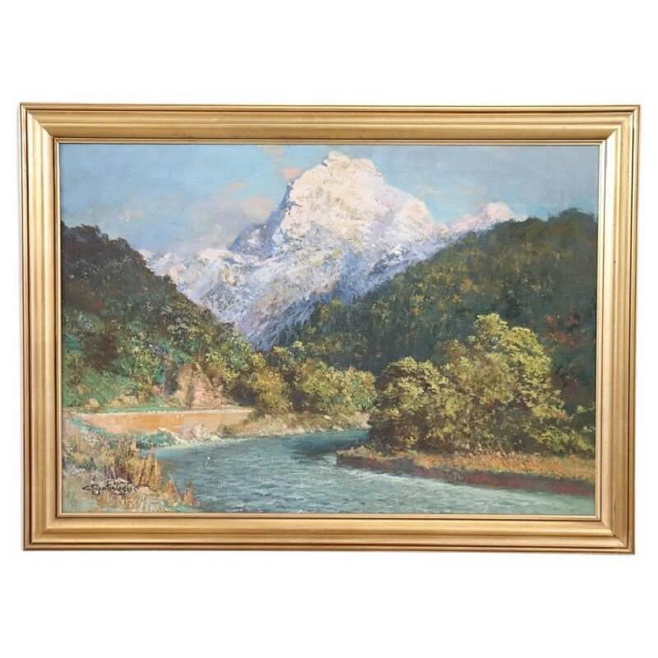 Cesare Bentivoglio, Mountain landscape with river, oil on canvas, 1920s 1