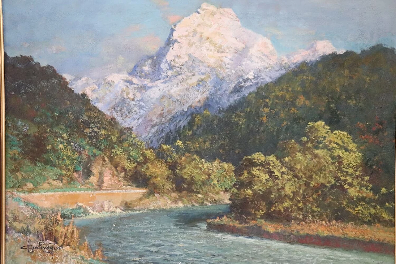 Cesare Bentivoglio, Mountain landscape with river, oil on canvas, 1920s 2