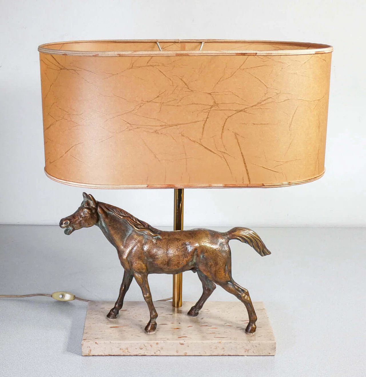 Art Deco table lamp with bronze horse sculpture and travertine base 2