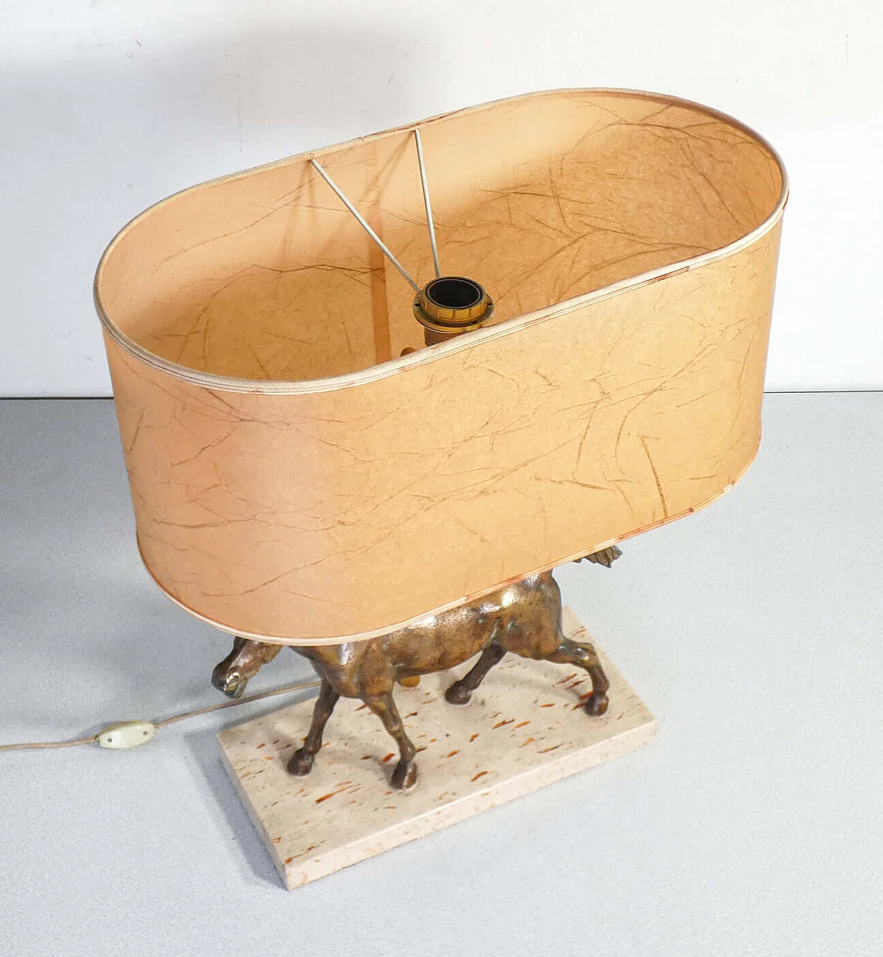 Art Deco table lamp with bronze horse sculpture and travertine base 9