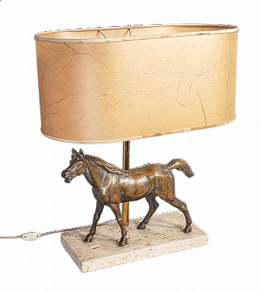 Lampada da tavolo con scultura di cavallo in bronzo e base in travertino Art Deco