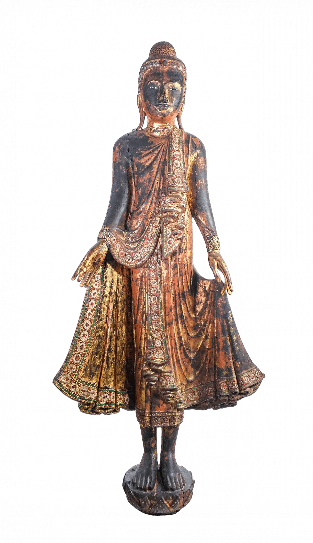 Sculture di Buddha in legno scolpito e dorato con vetrini innestati, '800 13