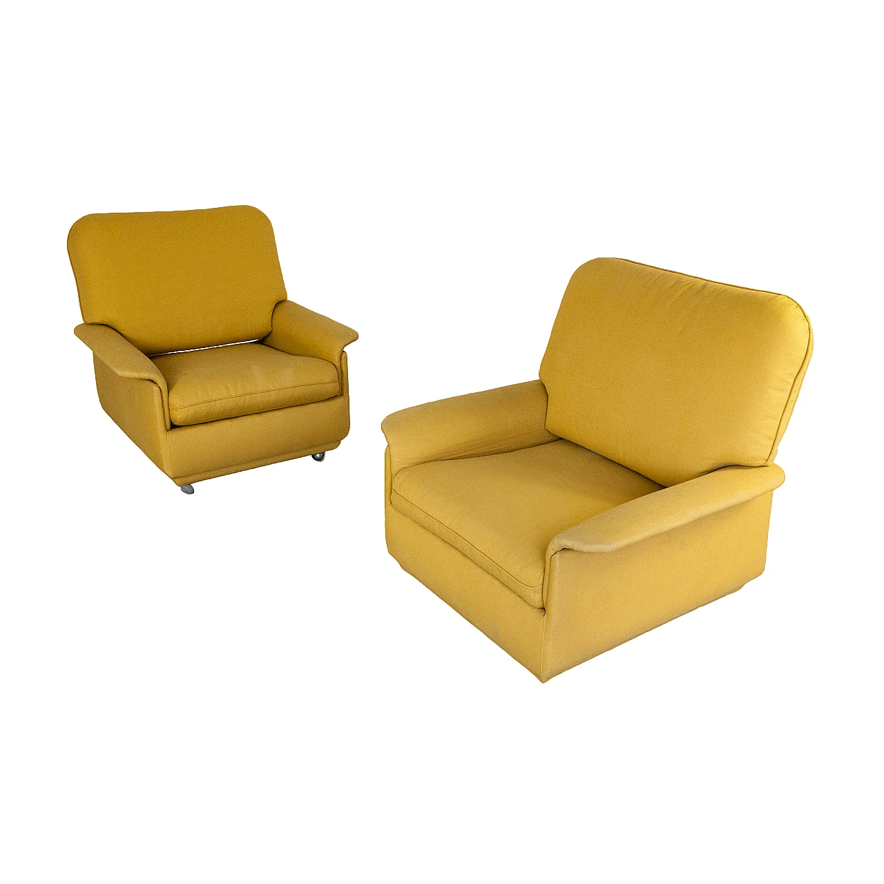 Pair of ochre fabric armchairs with wheels, 1960s 6