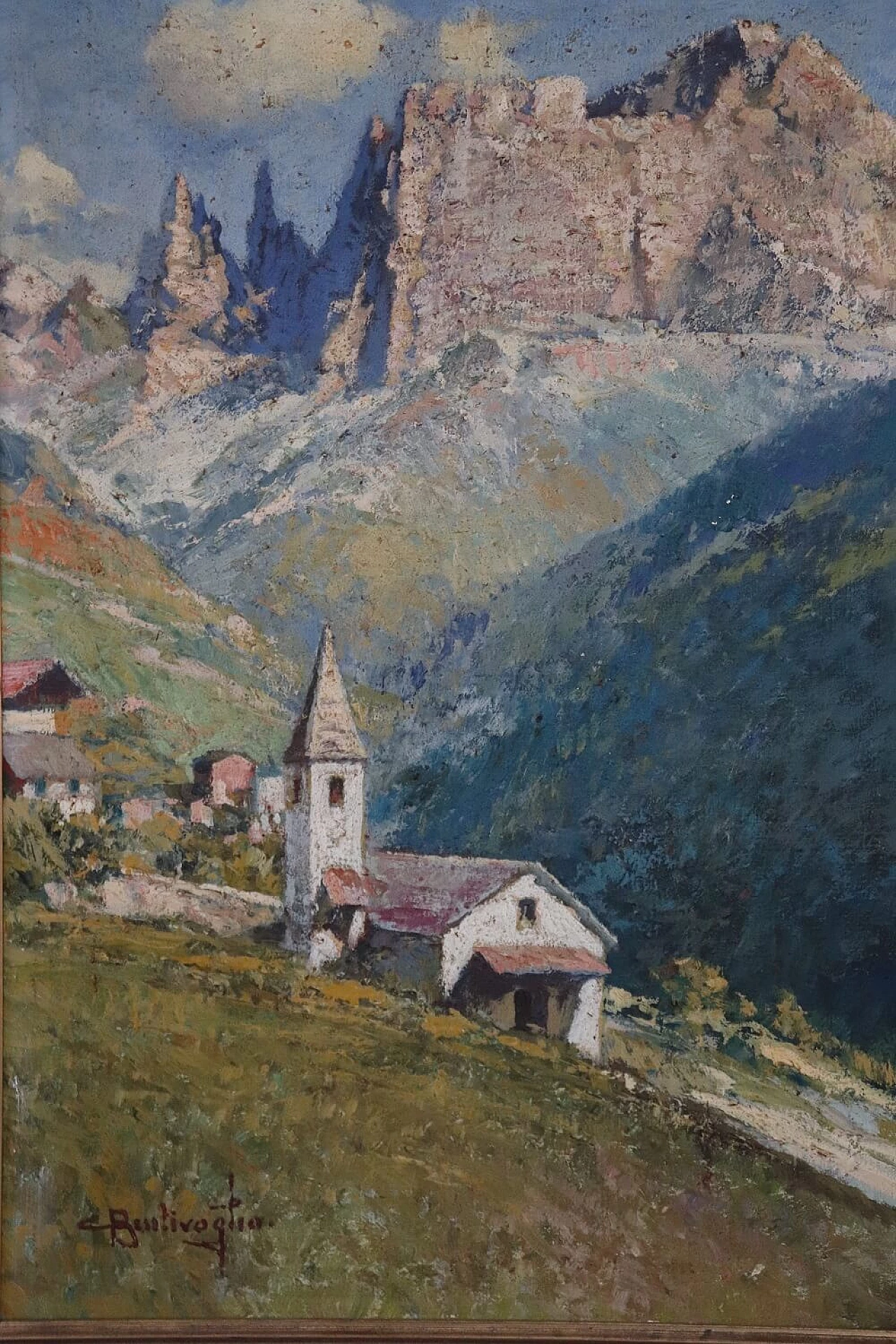 Cesare Bentivoglio, Mountain landscape with church, oil on canvas, 1920s 1