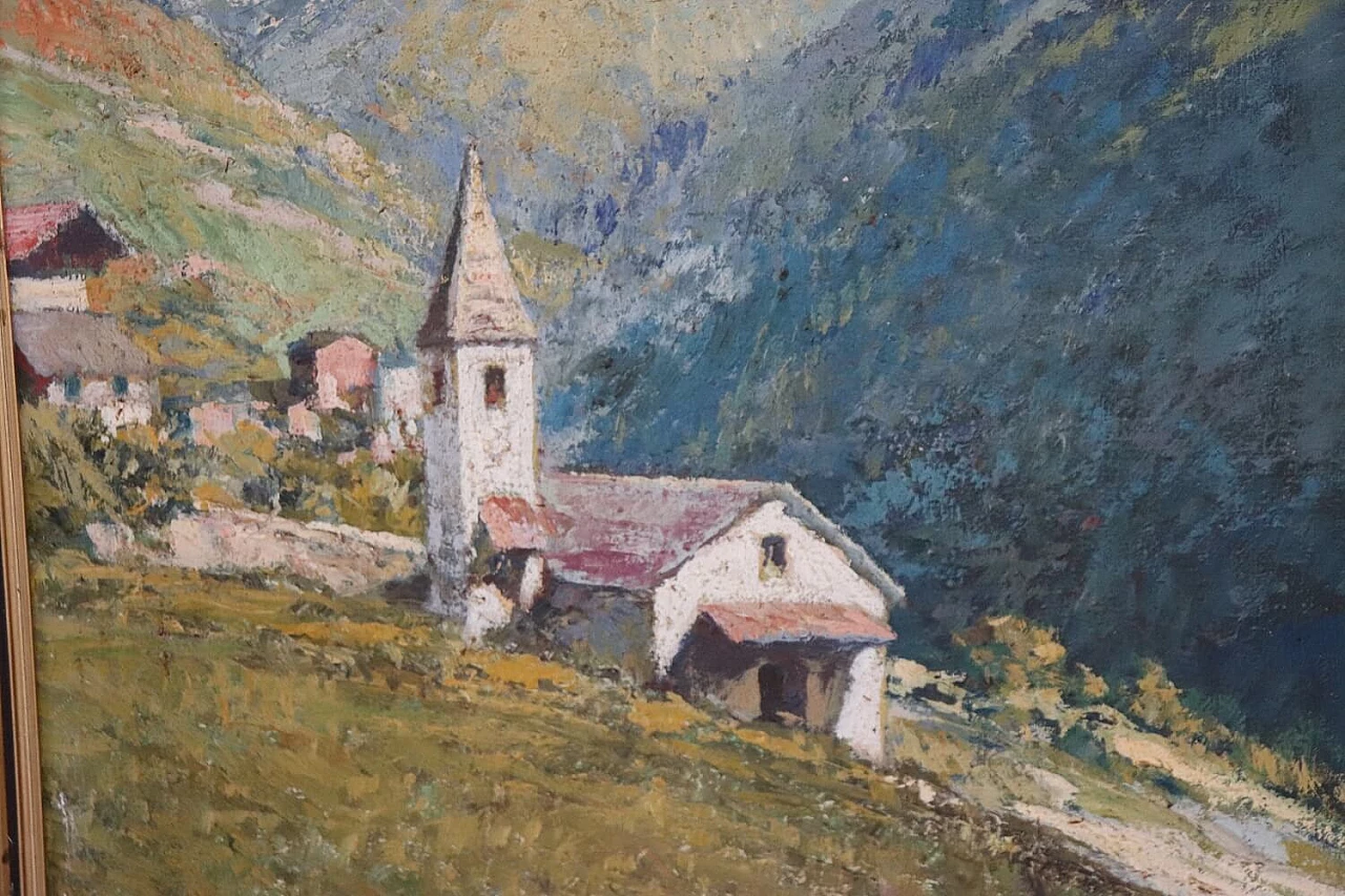 Cesare Bentivoglio, Mountain landscape with church, oil on canvas, 1920s 4