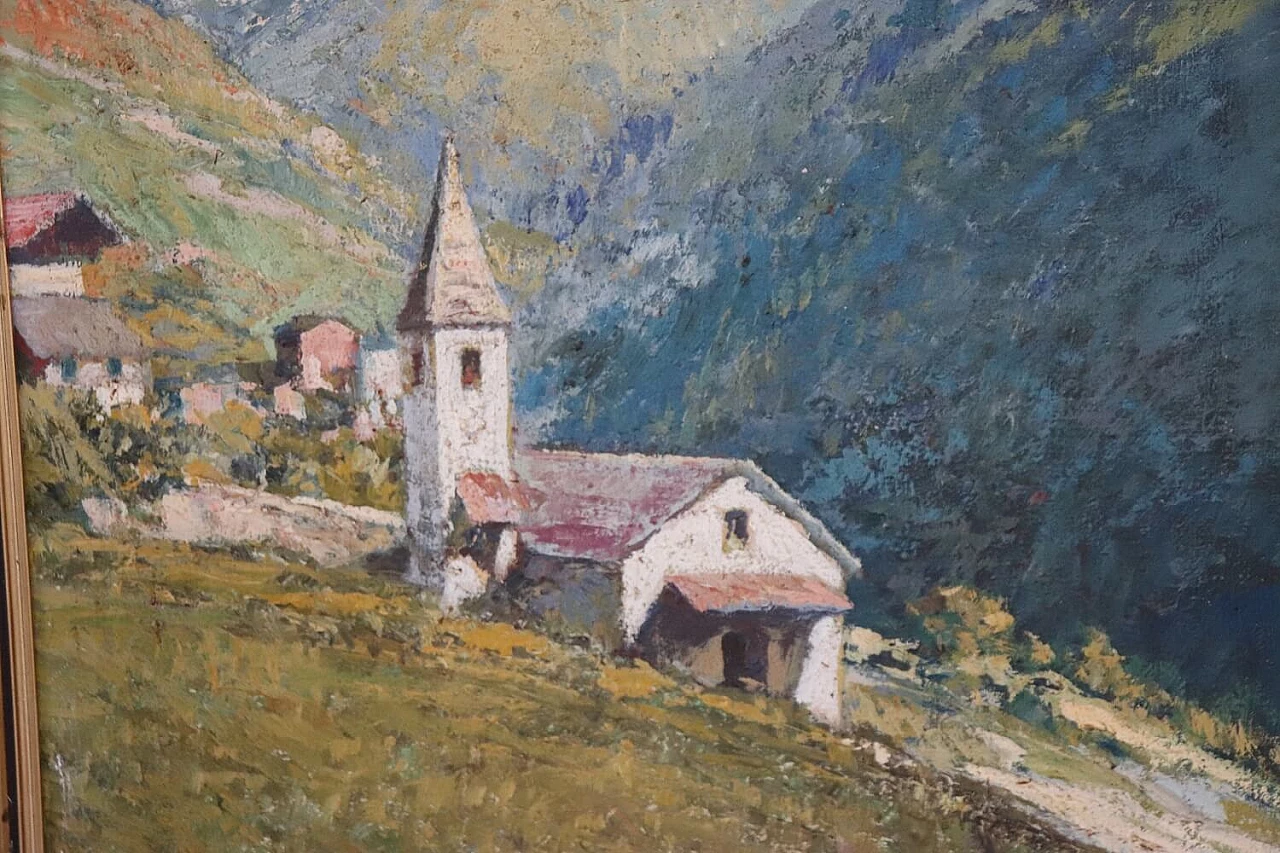 Cesare Bentivoglio, Paesaggio di montagna con chiesa, olio su tela, anni '20 4