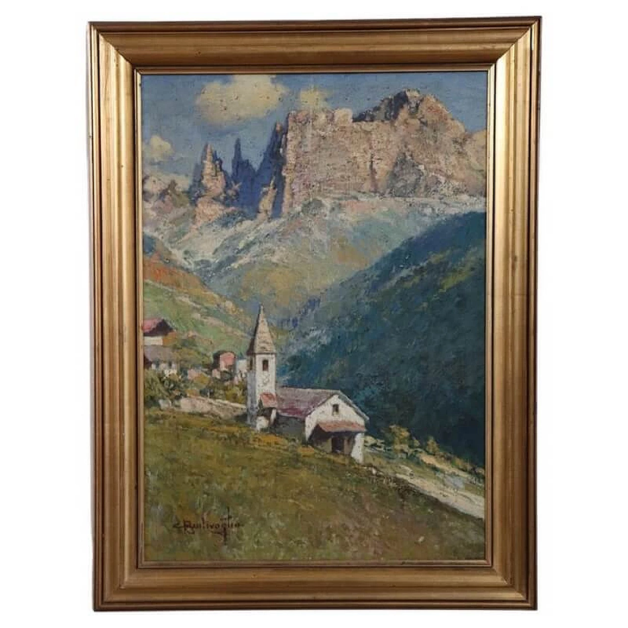 Cesare Bentivoglio, Mountain landscape with church, oil on canvas, 1920s 7