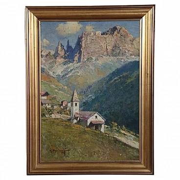 Cesare Bentivoglio, Paesaggio di montagna con chiesa, olio su tela, anni '20