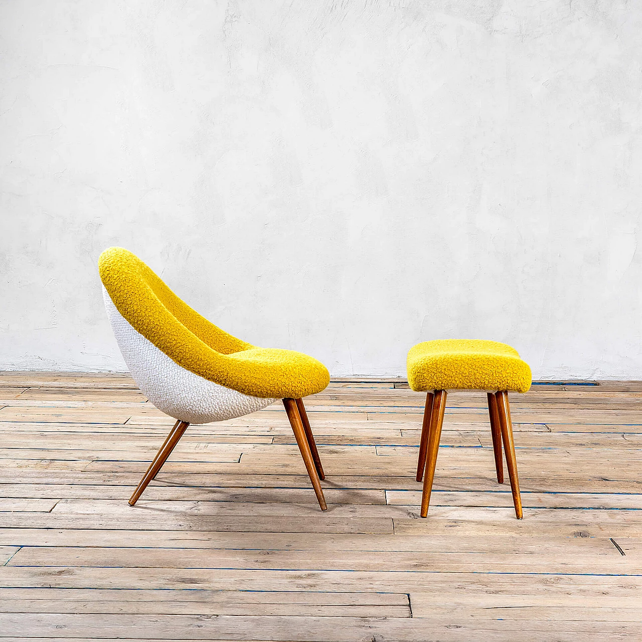 Armchair with footstool in wood and fabric in the style of Jean Royère, 1970s 2