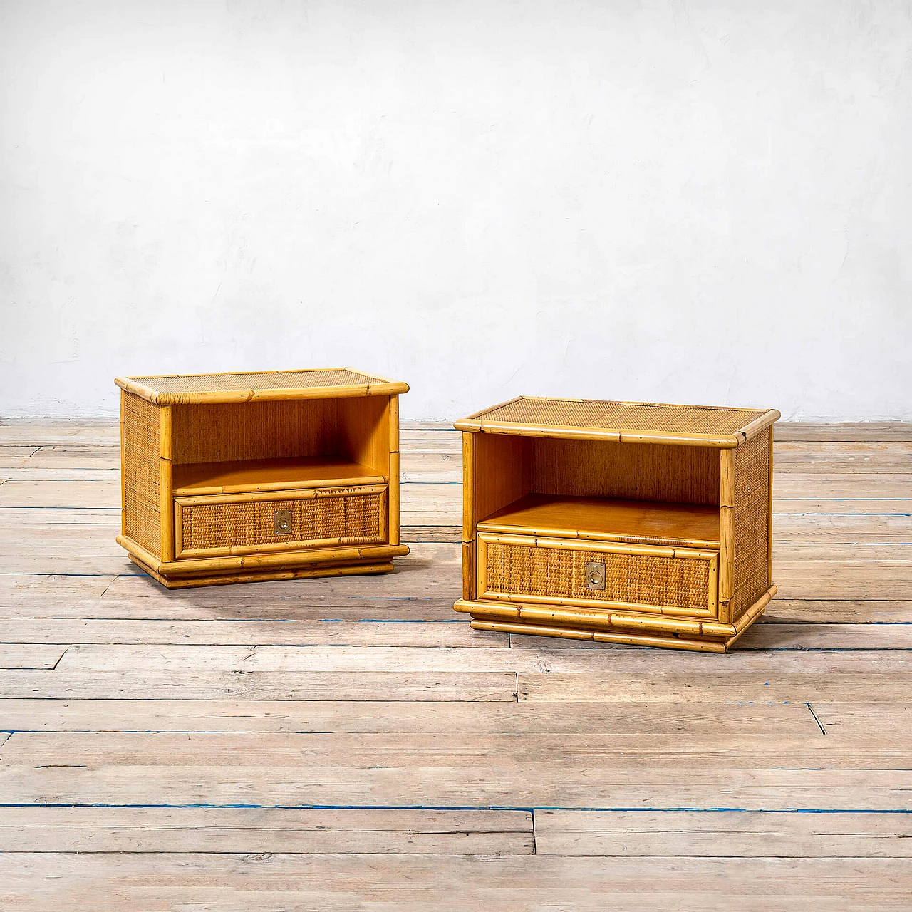 Pair of bamboo and wicker bedside tables by Vivai del Sud, 1960s 1