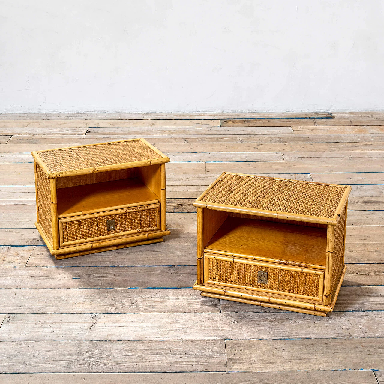Pair of bamboo and wicker bedside tables by Vivai del Sud, 1960s 2