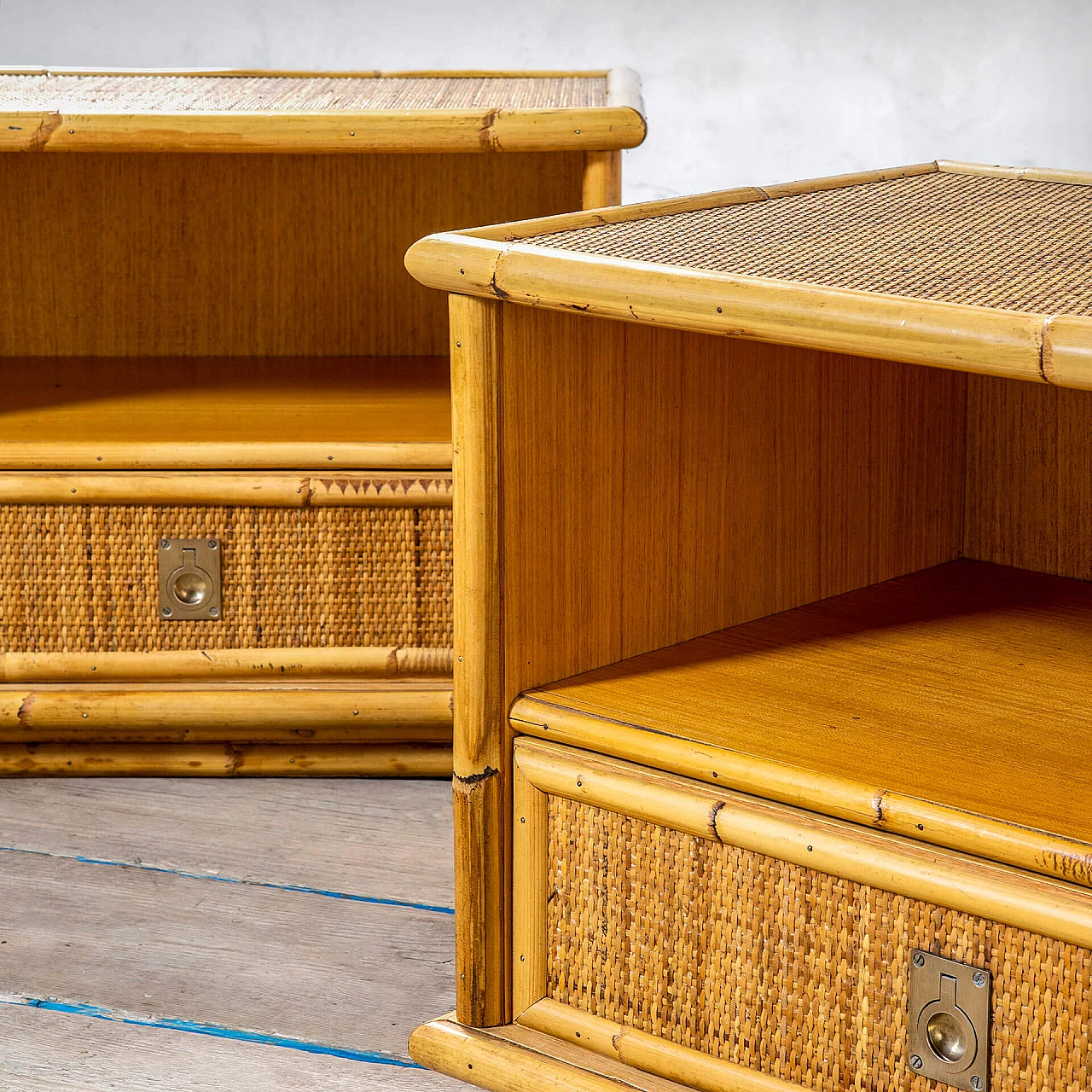 Pair of bamboo and wicker bedside tables by Vivai del Sud, 1960s 3