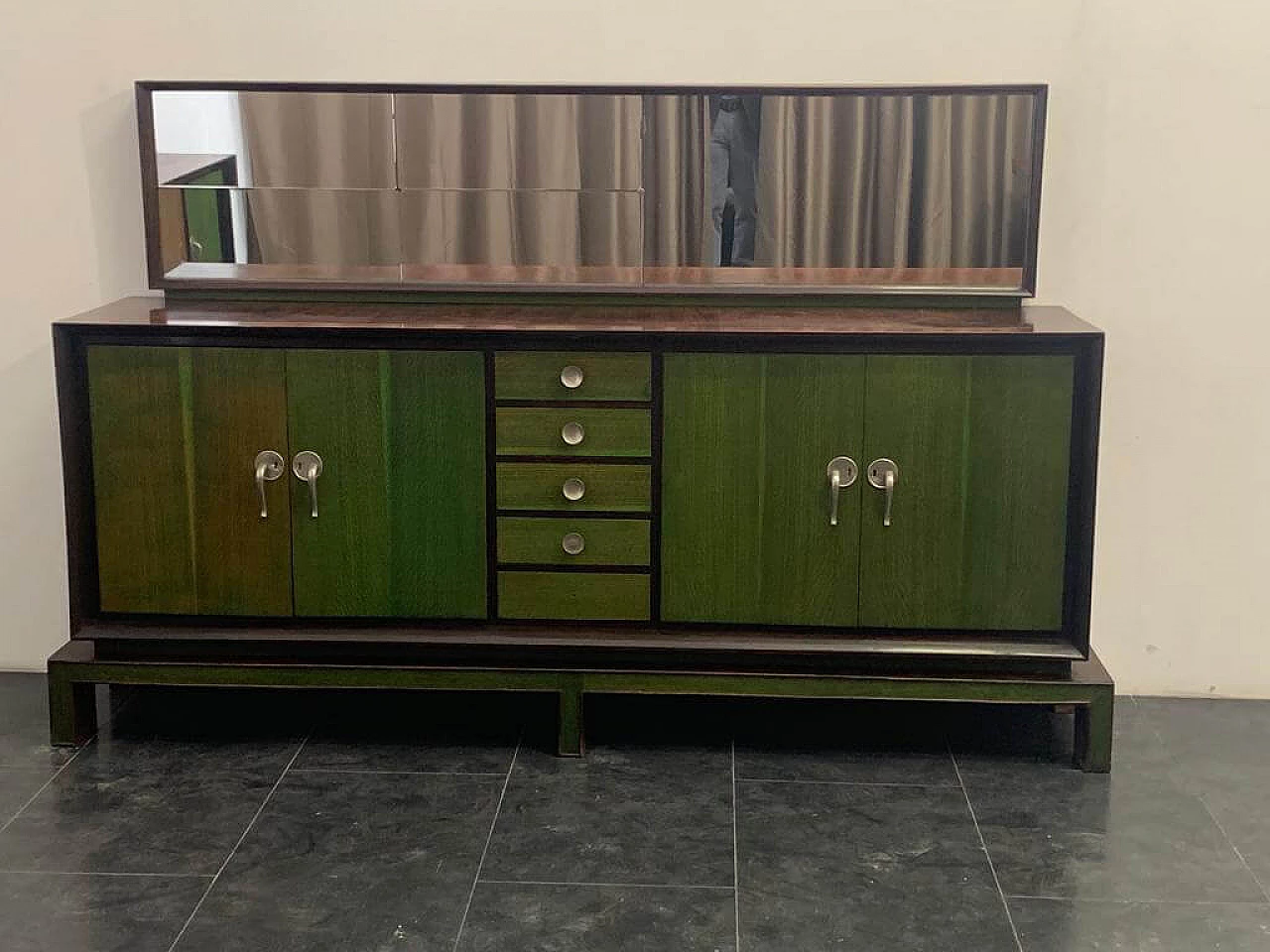 Credenza con specchio in legno con manici in anilina verde, anni '40 1