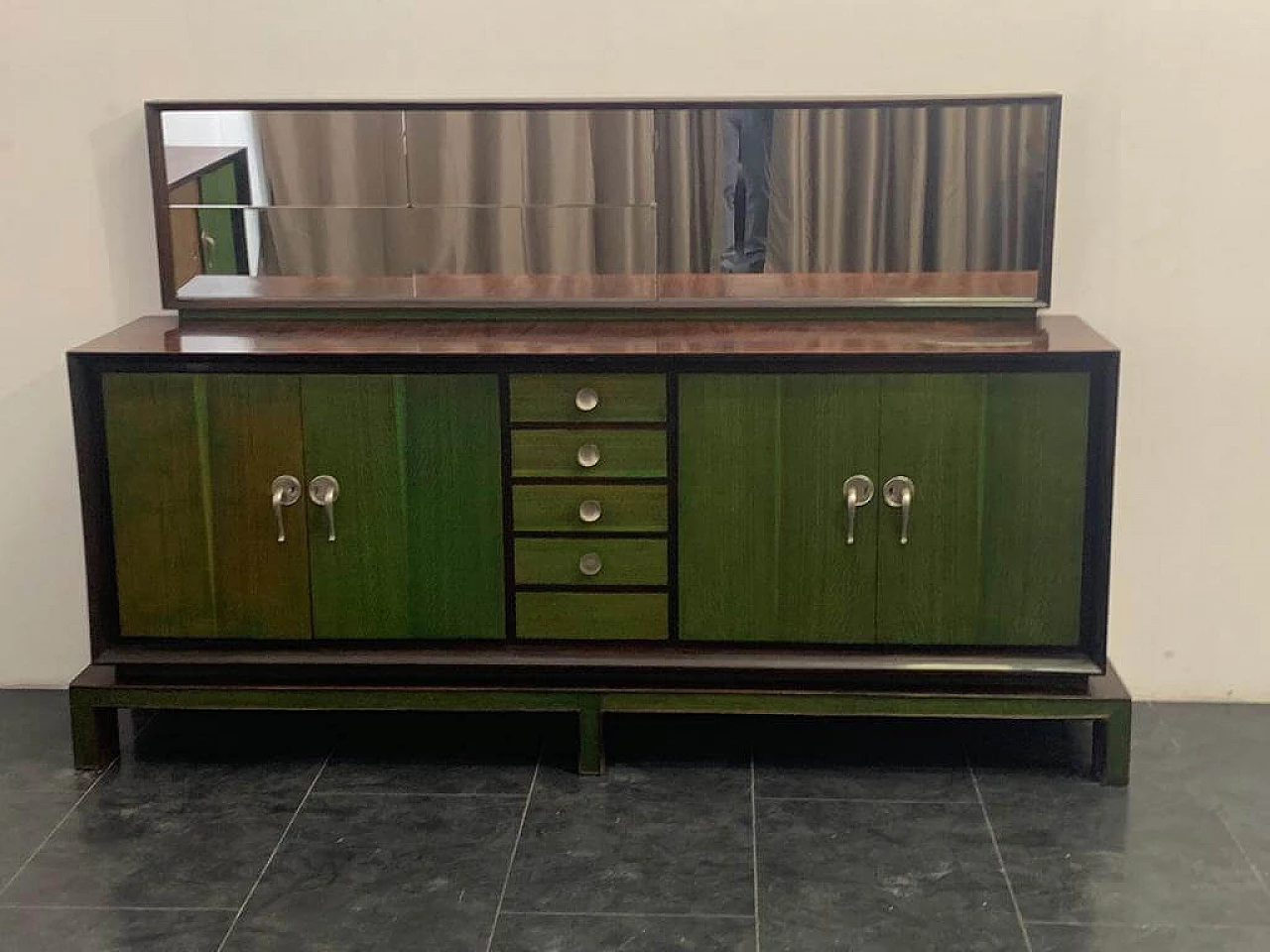 Credenza con specchio in legno con manici in anilina verde, anni '40 2