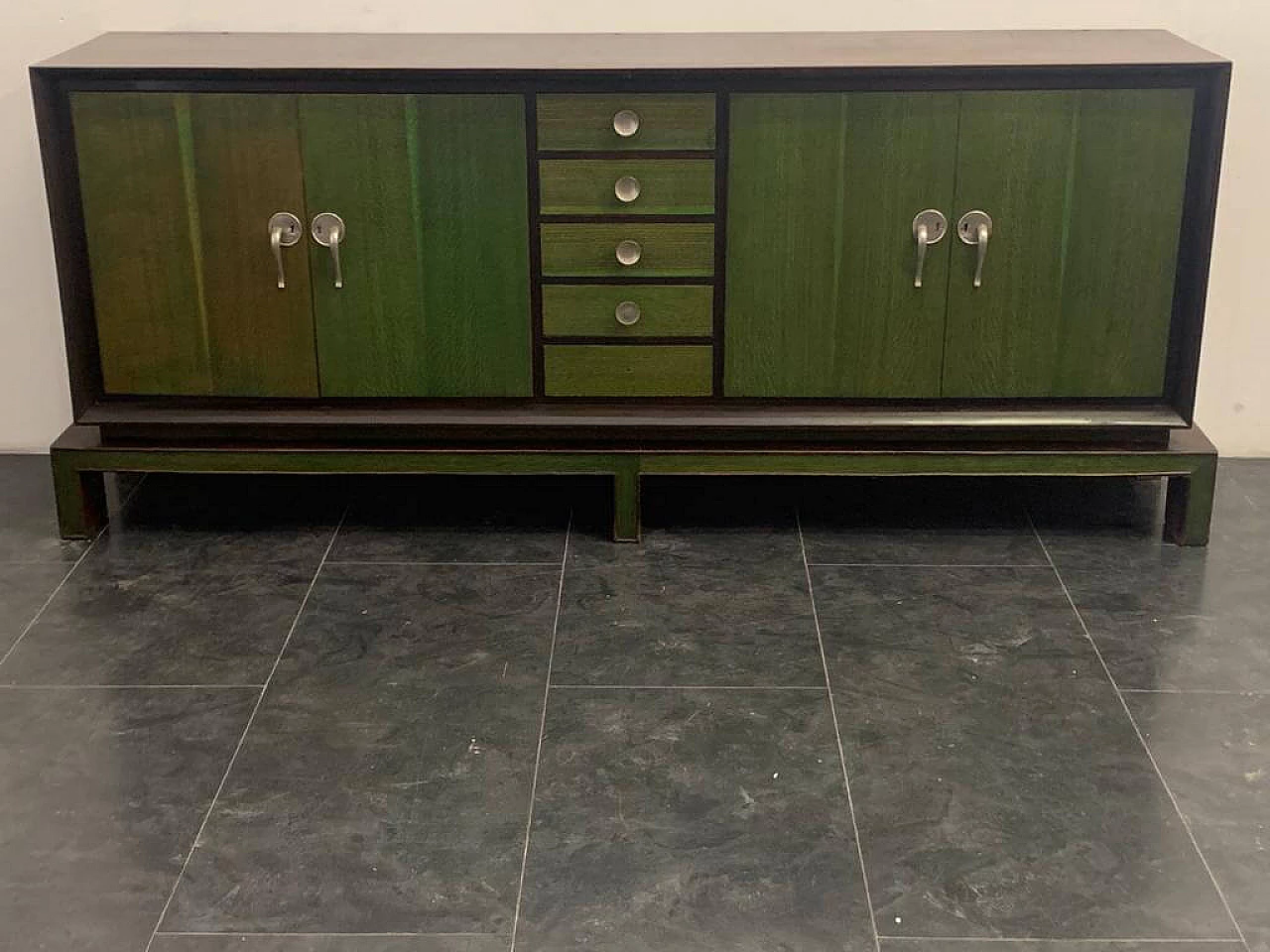 Credenza con specchio in legno con manici in anilina verde, anni '40 3