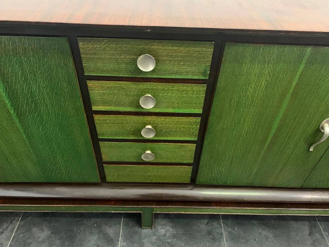 Credenza con specchio in legno con manici in anilina verde, anni '40 7