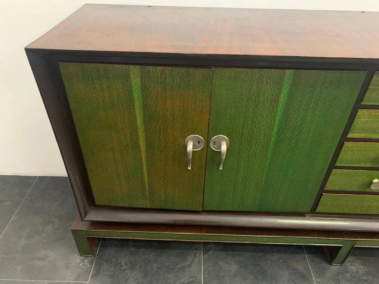 Credenza con specchio in legno con manici in anilina verde, anni '40 8