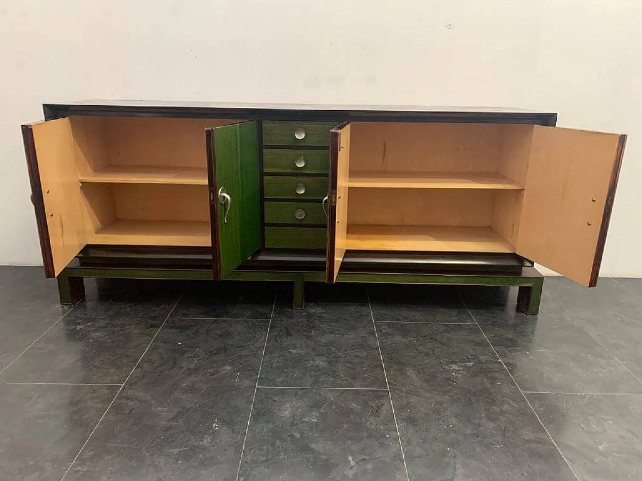 Credenza con specchio in legno con manici in anilina verde, anni '40 11