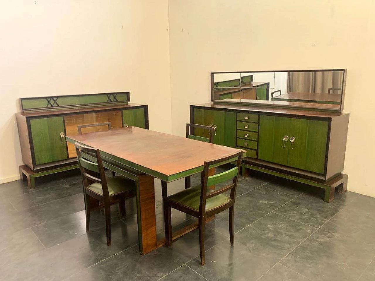 Credenza con specchio in legno con manici in anilina verde, anni '40 15