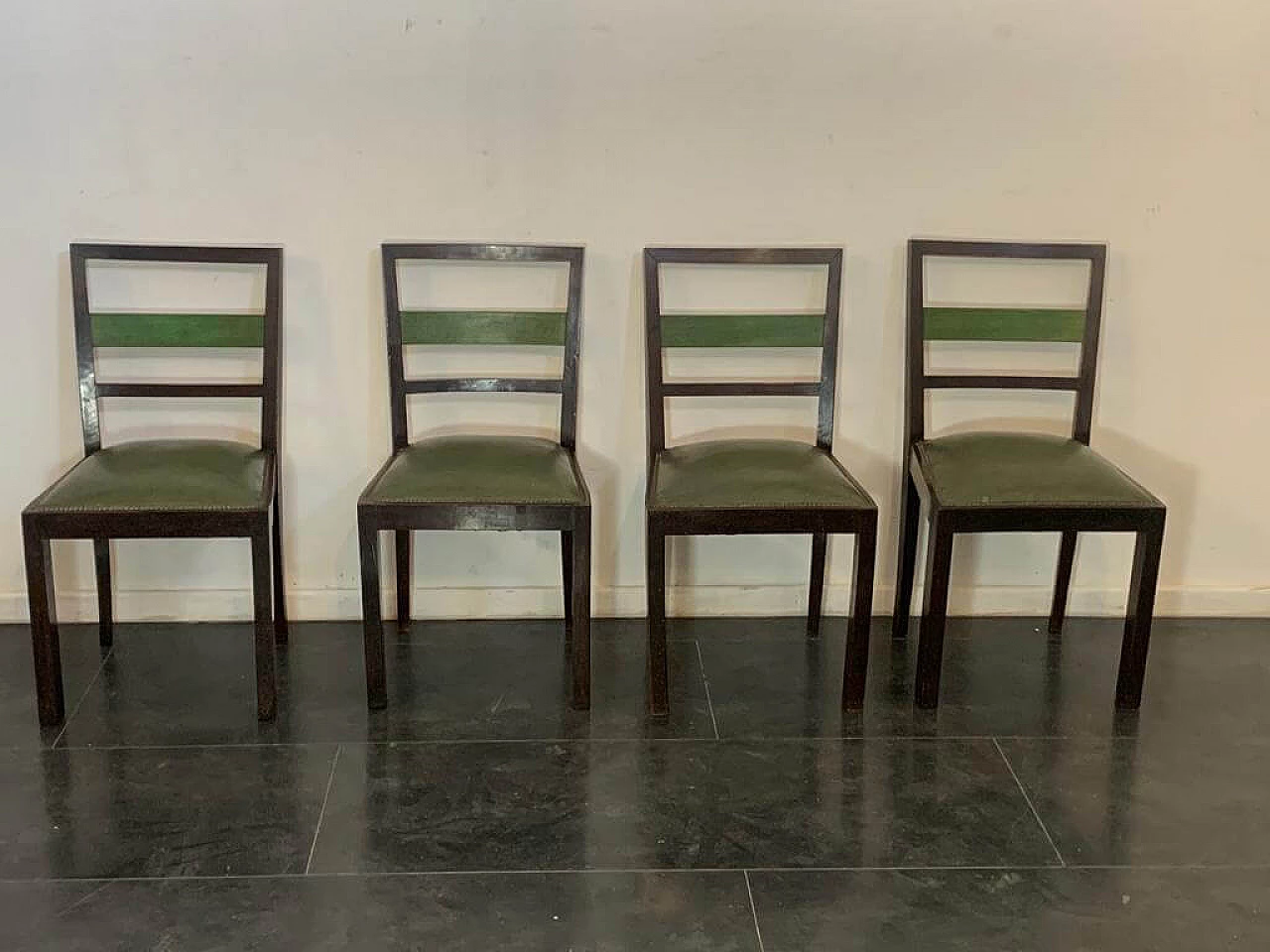 4 Art Deco style chairs in green-stained wood, 1930s 1