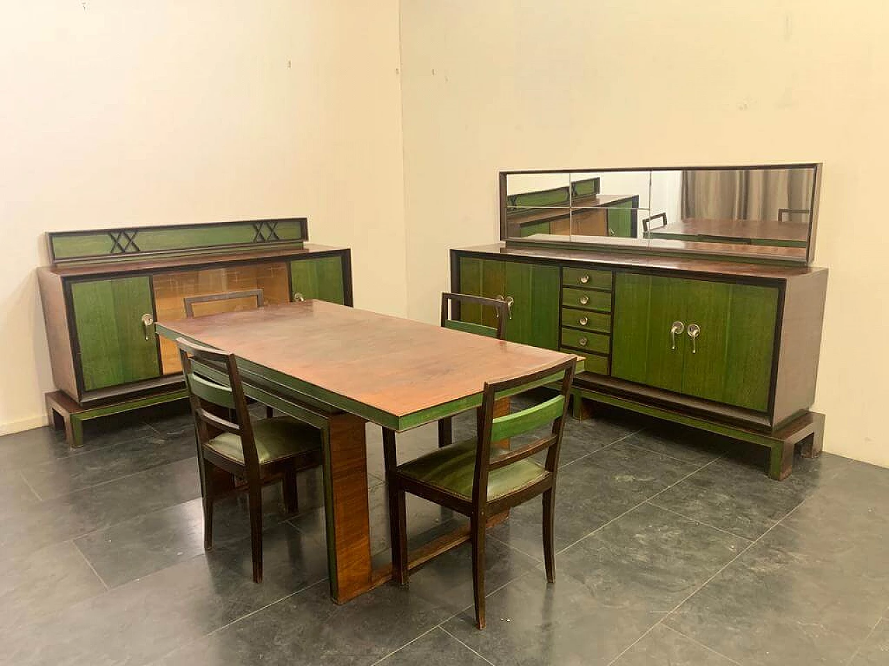 4 Sedie in stile Art Decò in legno tinto in verde, anni '30 12