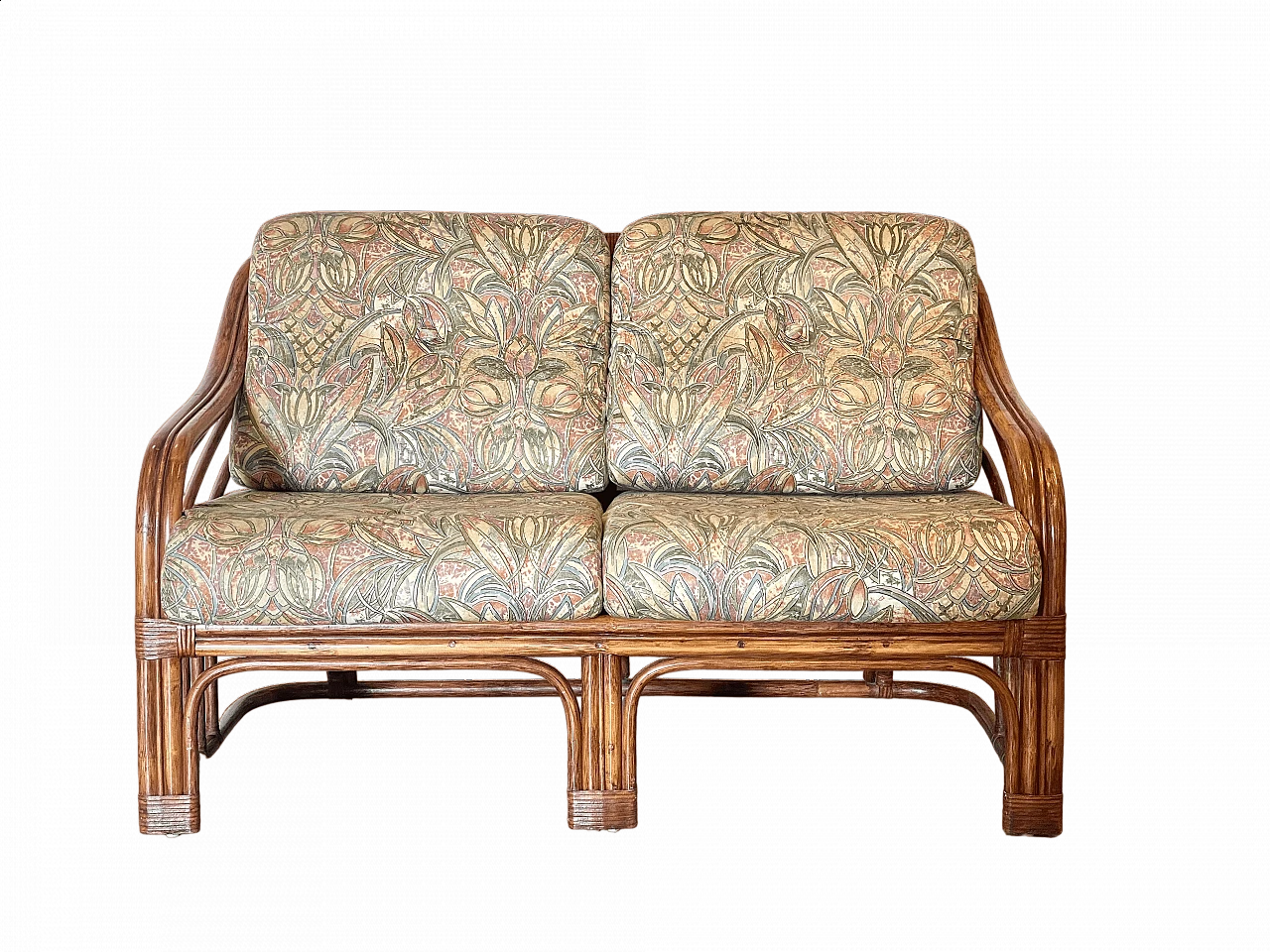 Bamboo and leather sofa with cushions, 1970s 12