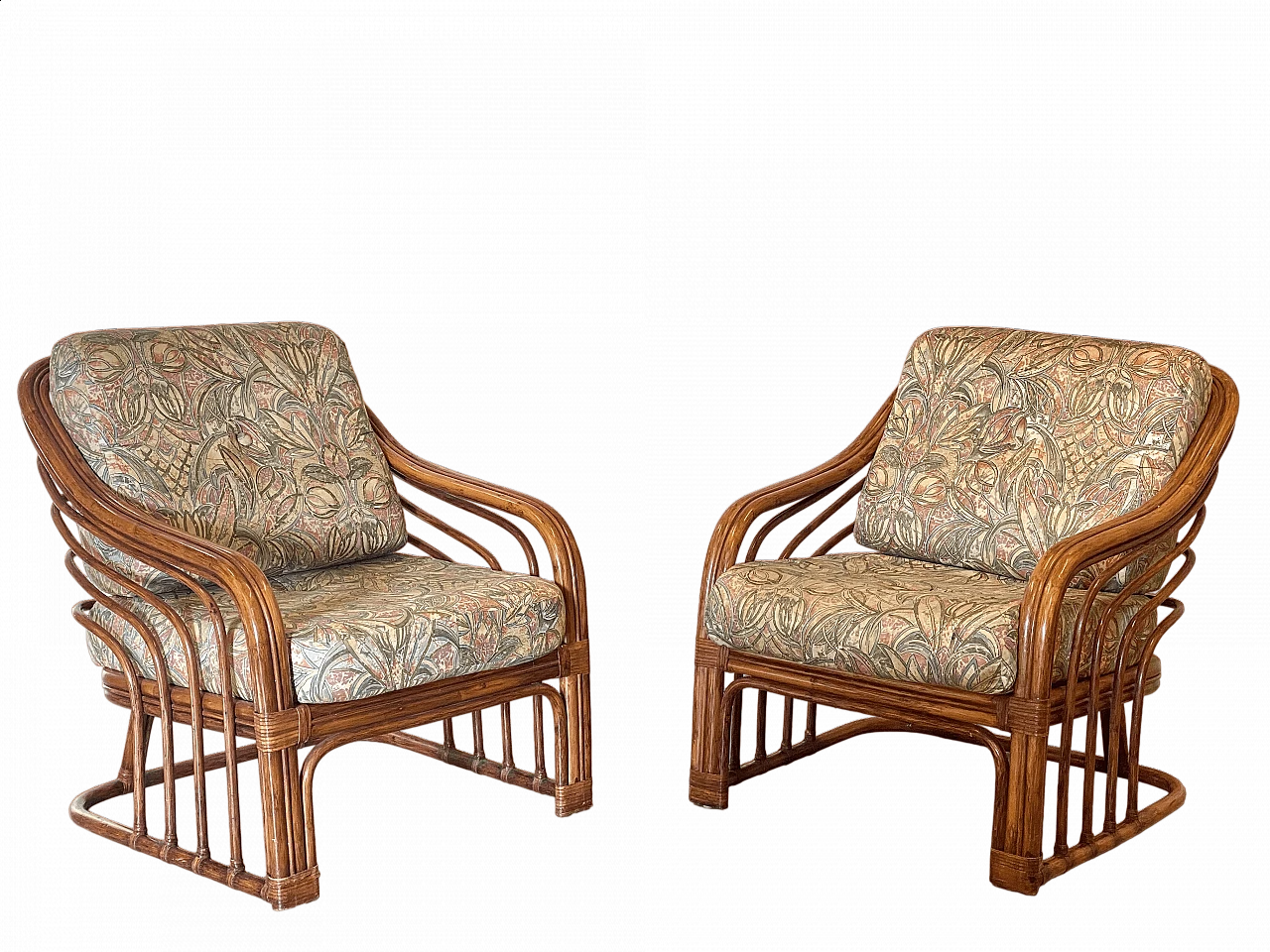 Coppia di poltrone in bambù e cuoio con cuscini, anni '70 18