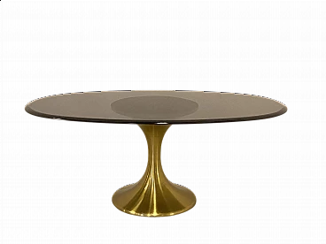 Tavolino in ottone con piano in vetro ovale, anni '70