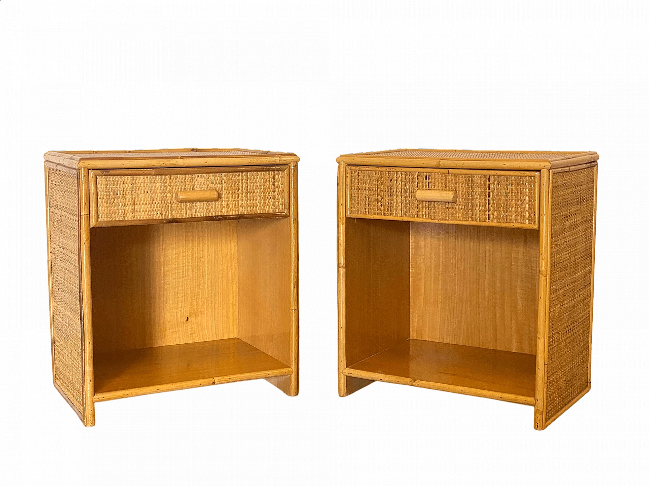 Pair of bedside tables in wicker and bamboo, 1970s 9