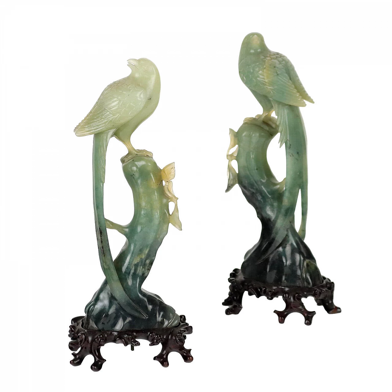 Pair of Chinese jade sculptures depicting birds 1