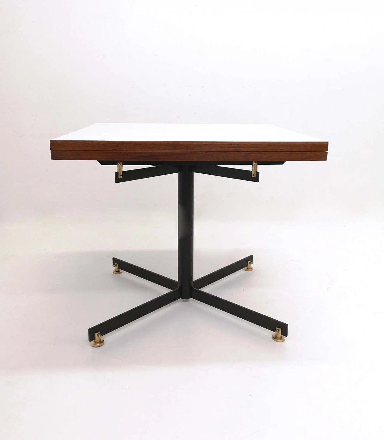 Extending teak and white formica table with metal pedestal, 1950s 4