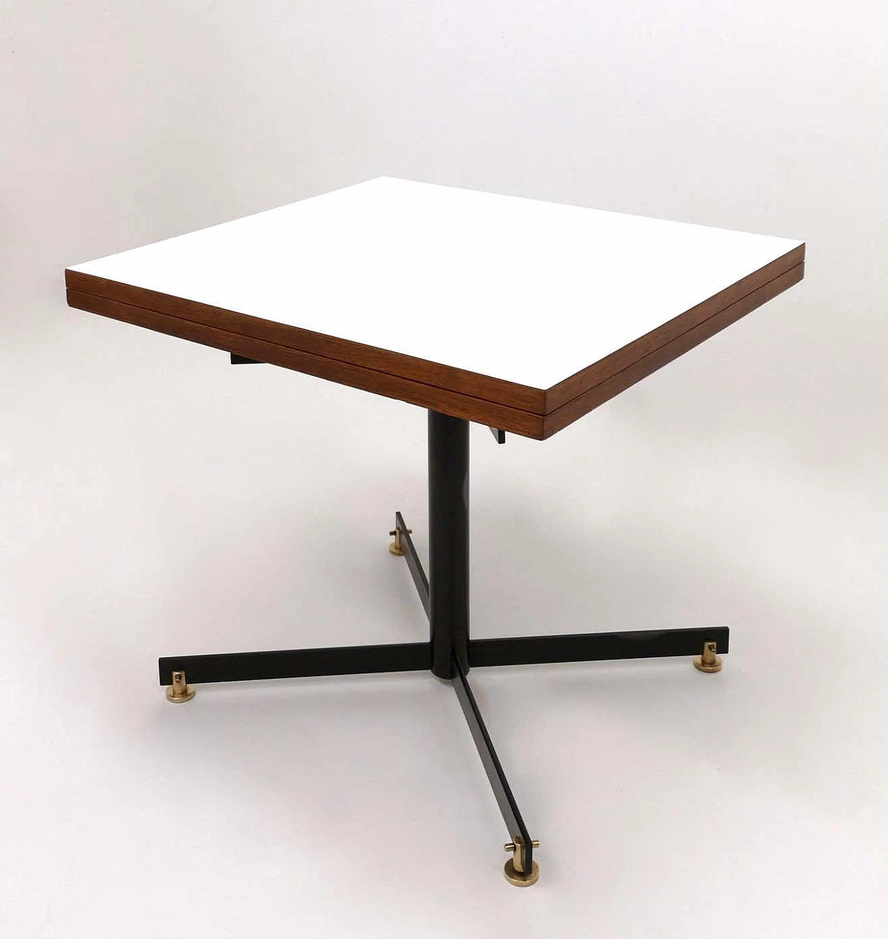 Extending teak and white formica table with metal pedestal, 1950s 11