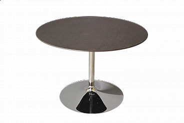 Round aluminum and wenge-stained oak veneered wood table