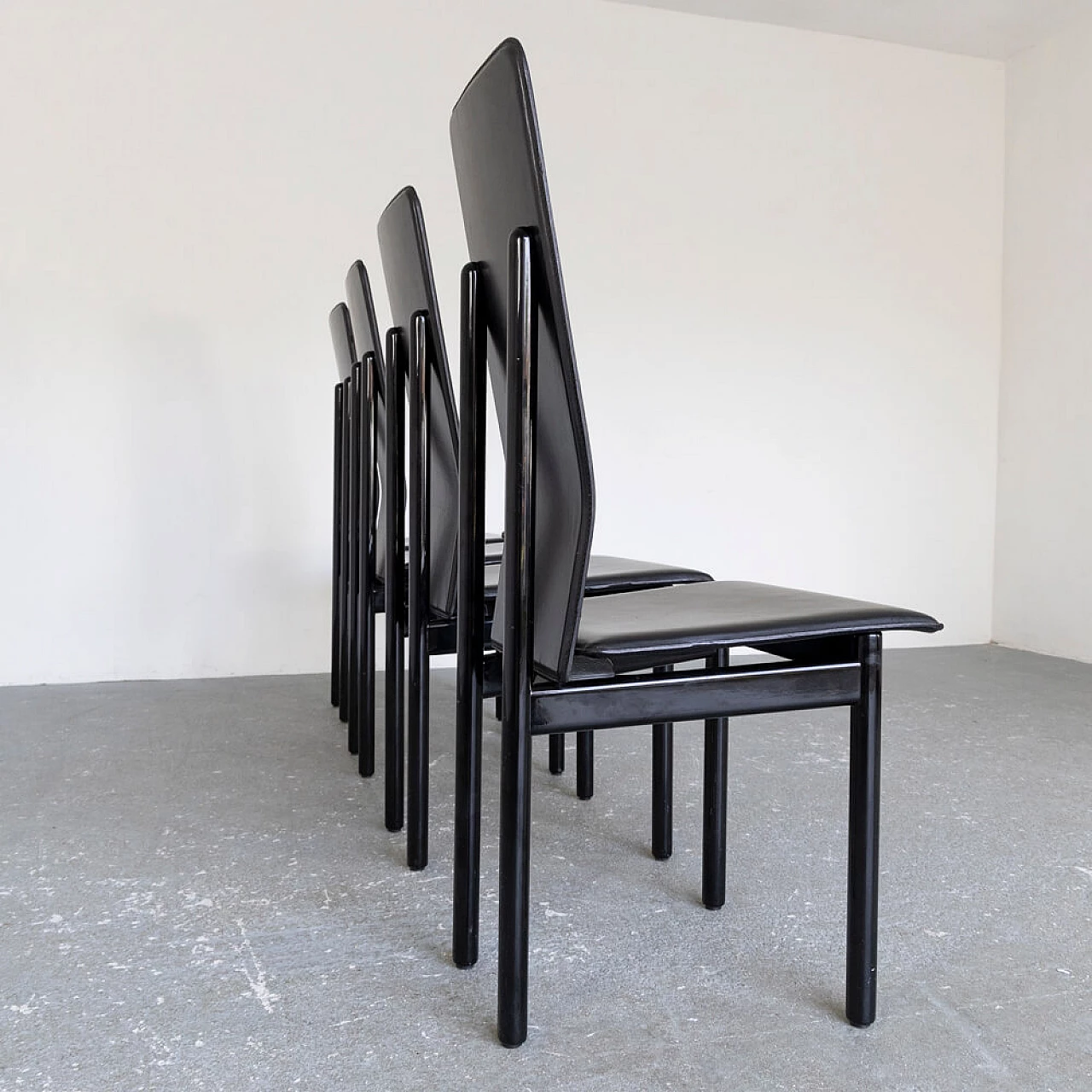 4 Wood and leather chairs by Pozzi, 1980s 2