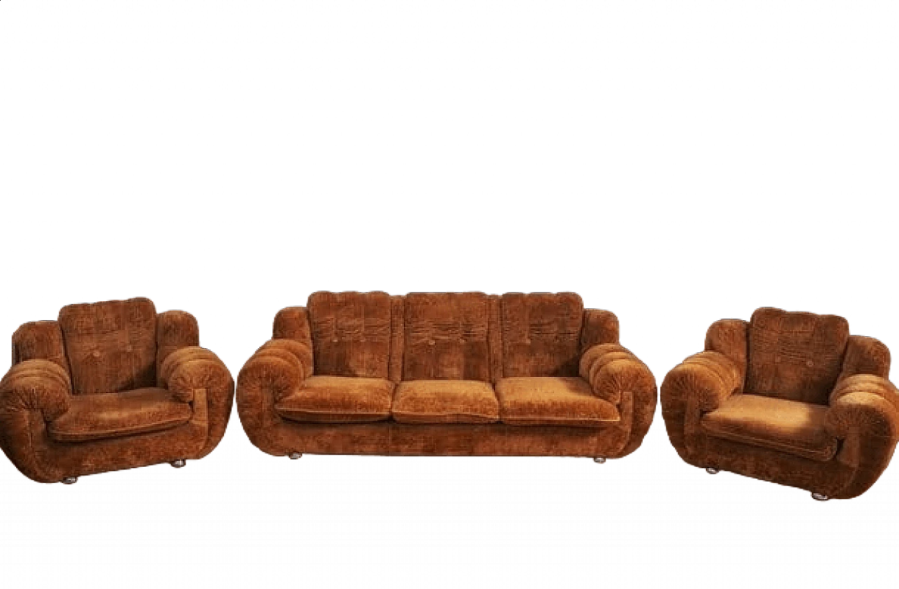 Coppia di poltrone e divano in velluto, anni '70 23