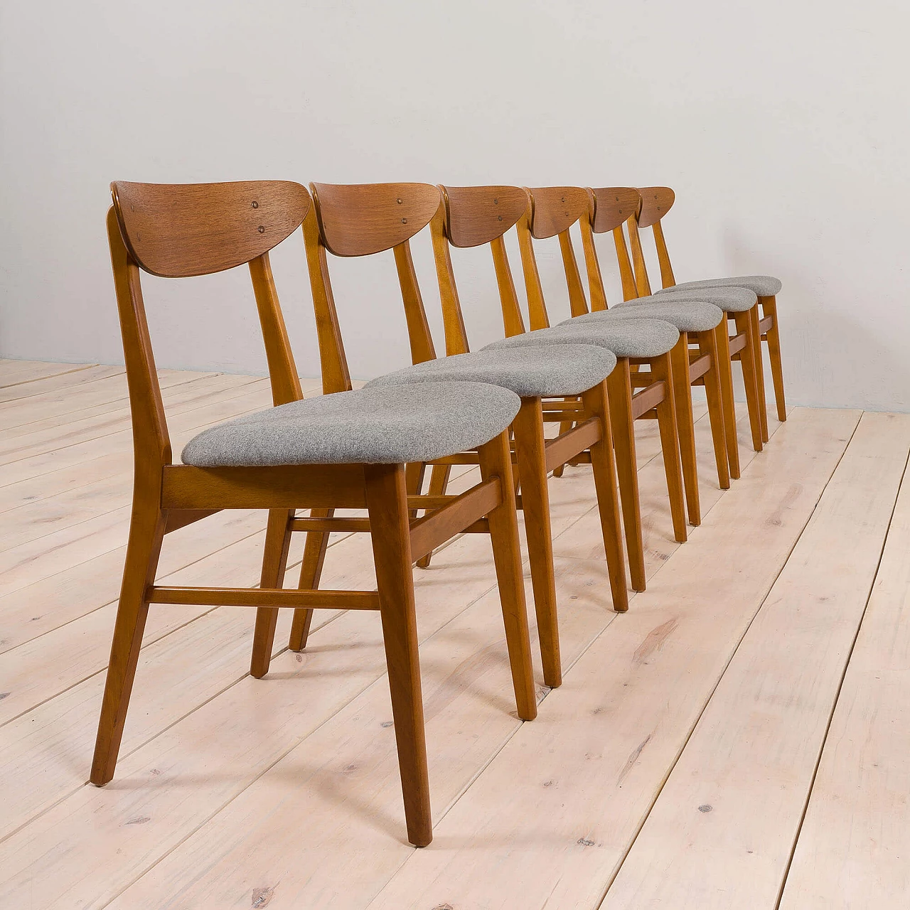 6 Teak and grey wool chairs for Farstrup, 1960s 5
