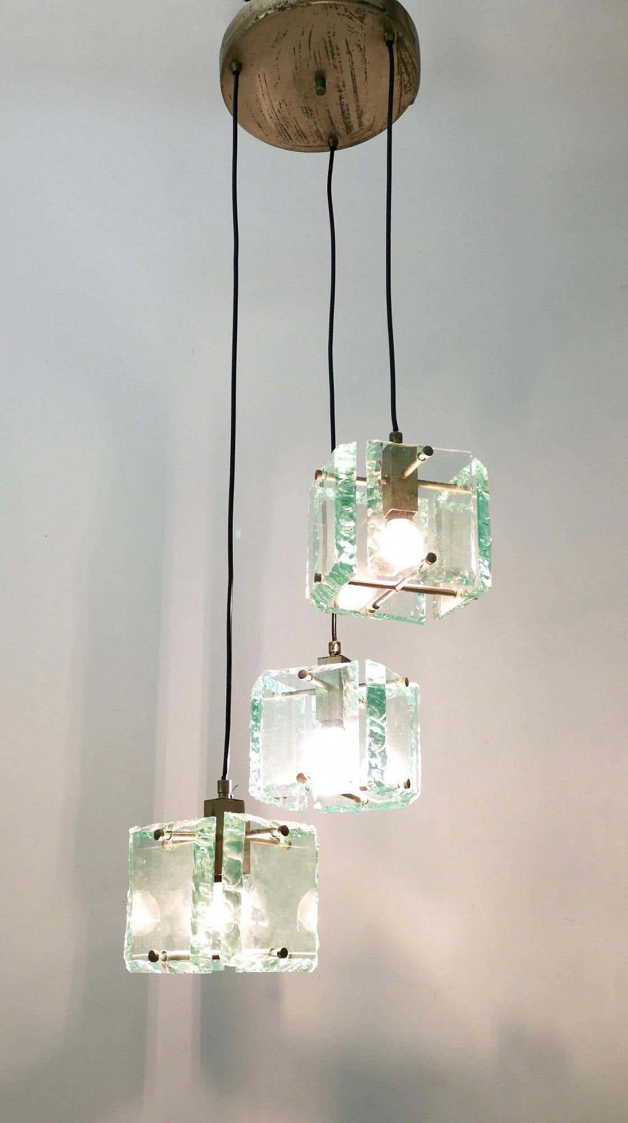 Three-light Nile Green glass chandelier by Zero Quattro, 1960s 1