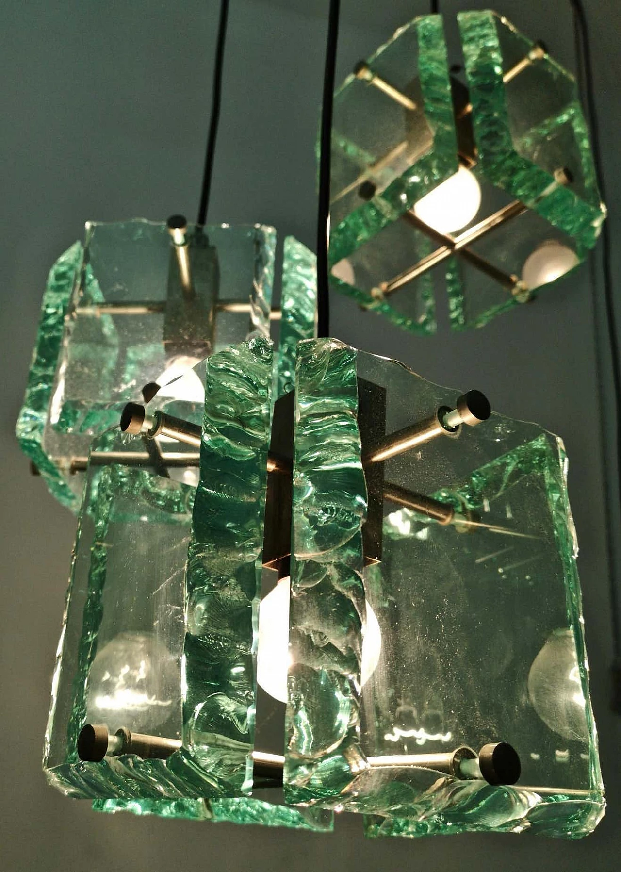 Lampadario a tre luci in vetro Verde Nilo di Zero Quattro, anni '60 2