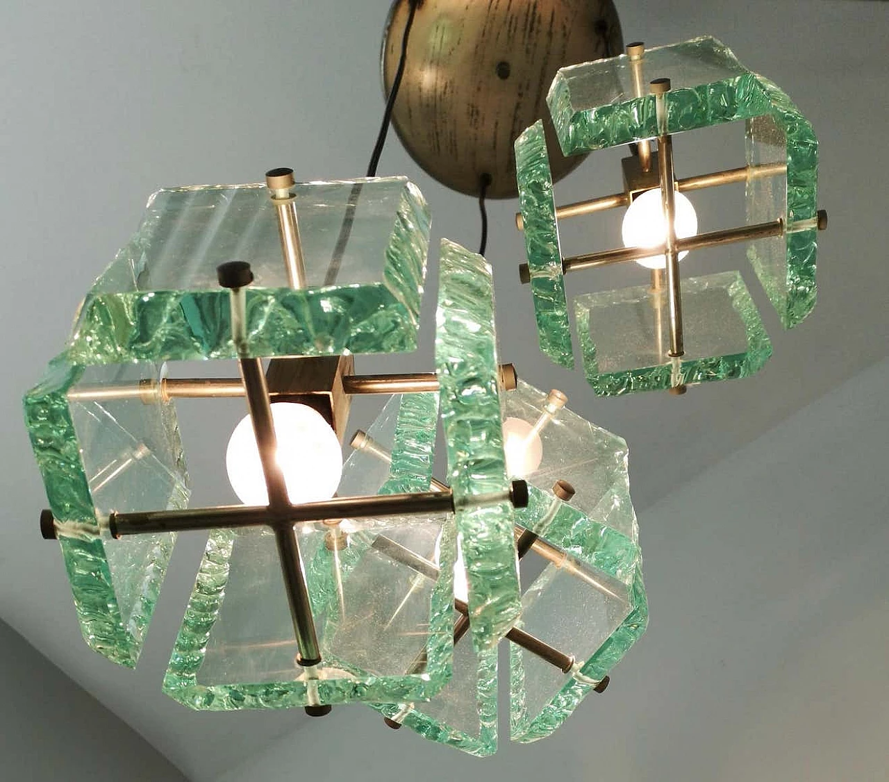 Three-light Nile Green glass chandelier by Zero Quattro, 1960s 3