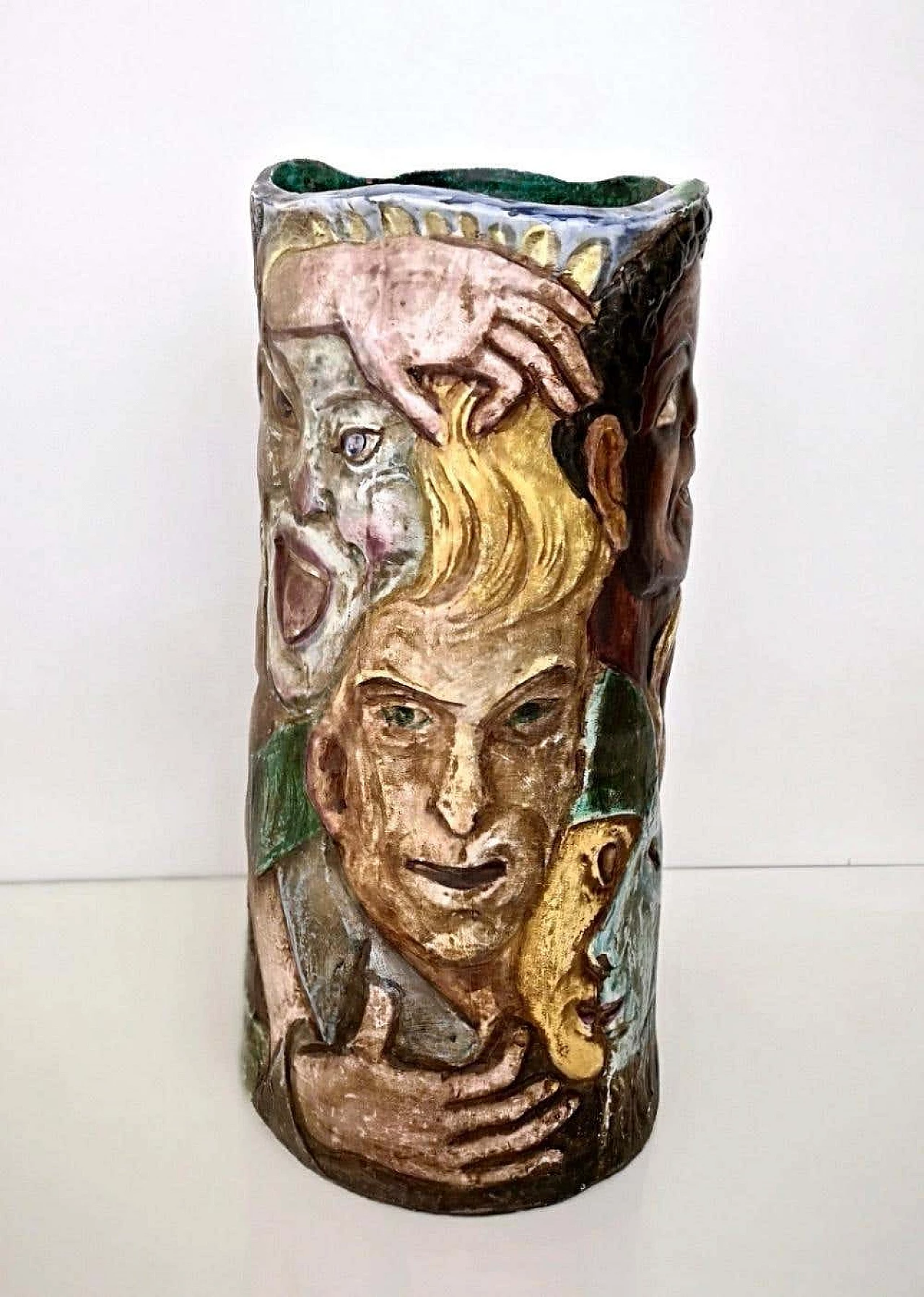 Hand-painted ceramic vase with faces attributable to Tullio d'Albisola, 1960s 2