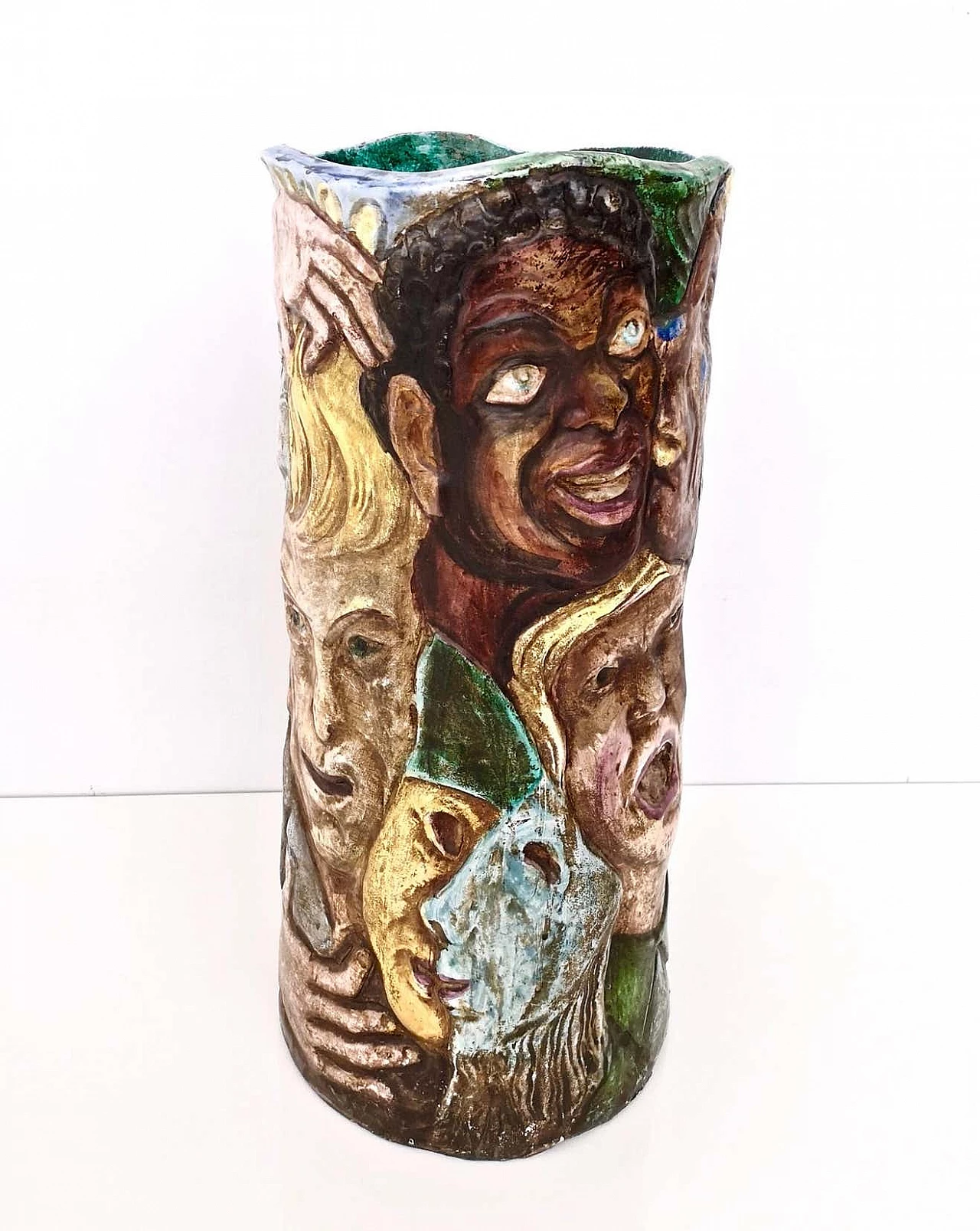 Hand-painted ceramic vase with faces attributable to Tullio d'Albisola, 1960s 3
