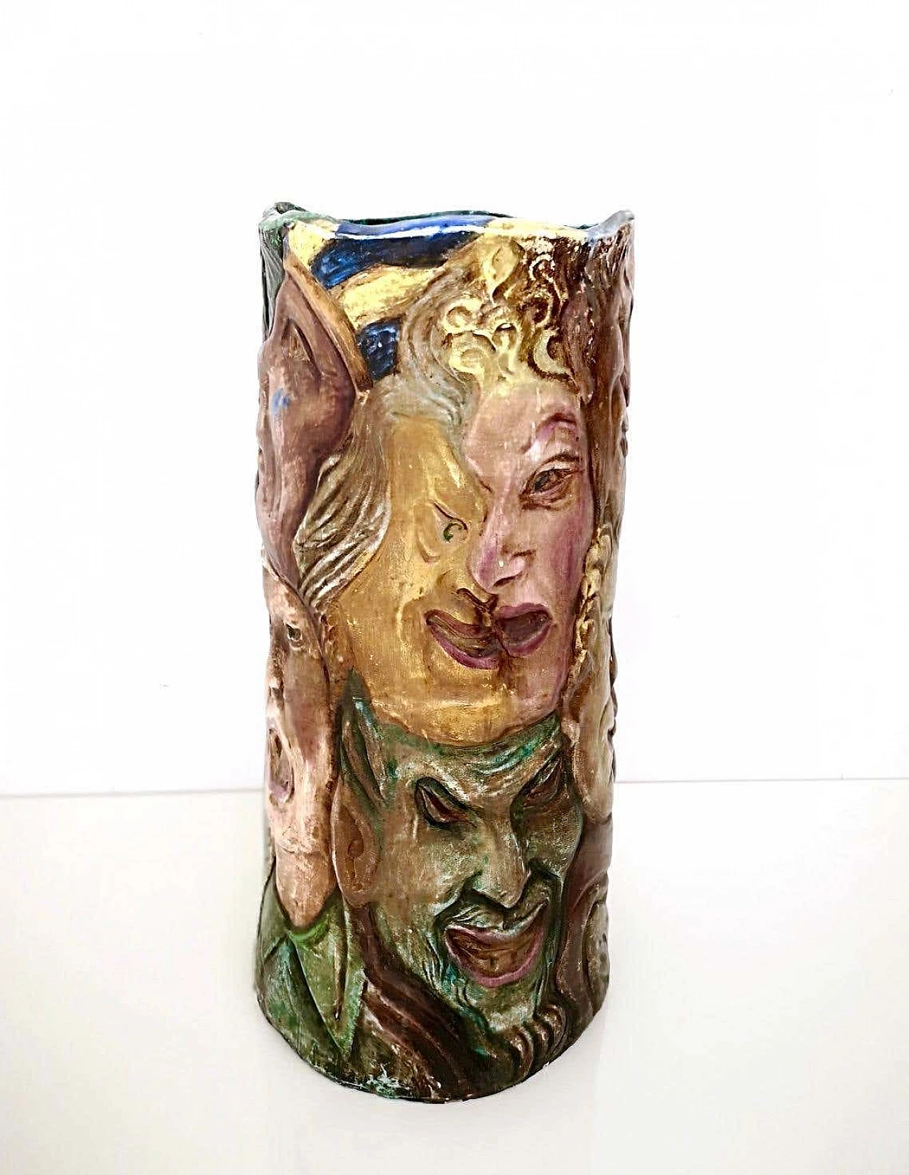 Hand-painted ceramic vase with faces attributable to Tullio d'Albisola, 1960s 4