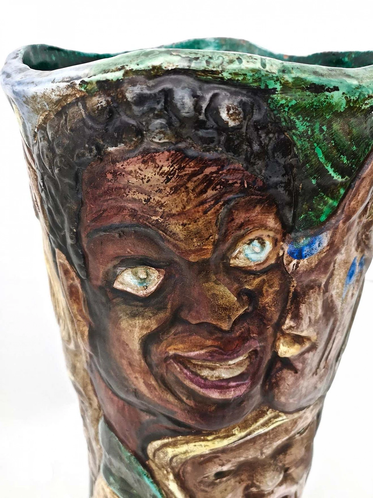 Hand-painted ceramic vase with faces attributable to Tullio d'Albisola, 1960s 7