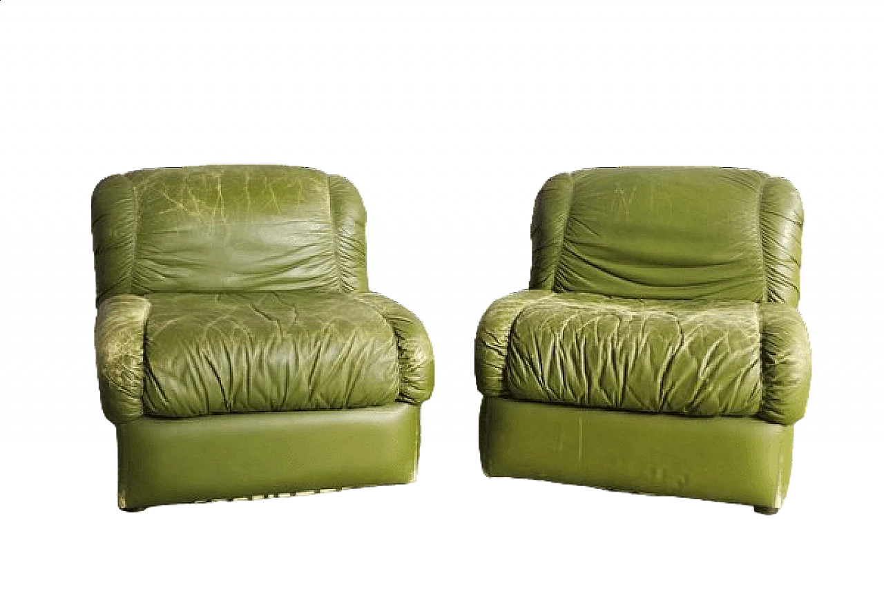Pair of green eco-leather armchairs, 1970s 10