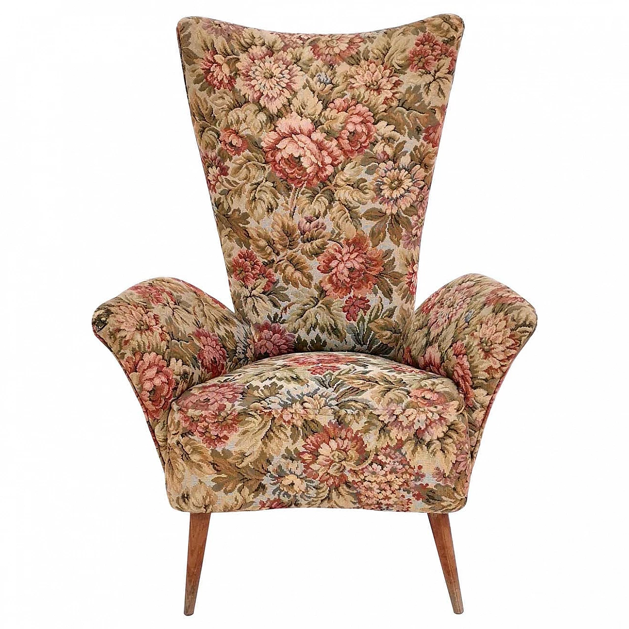 Children's armchair with floral fabric and wooden legs, 1950s 1