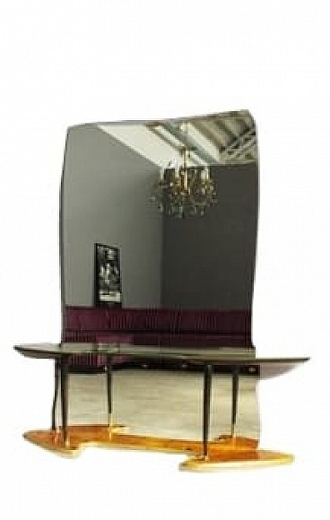 Mirror and console in brass and wood with glass top, 1950s