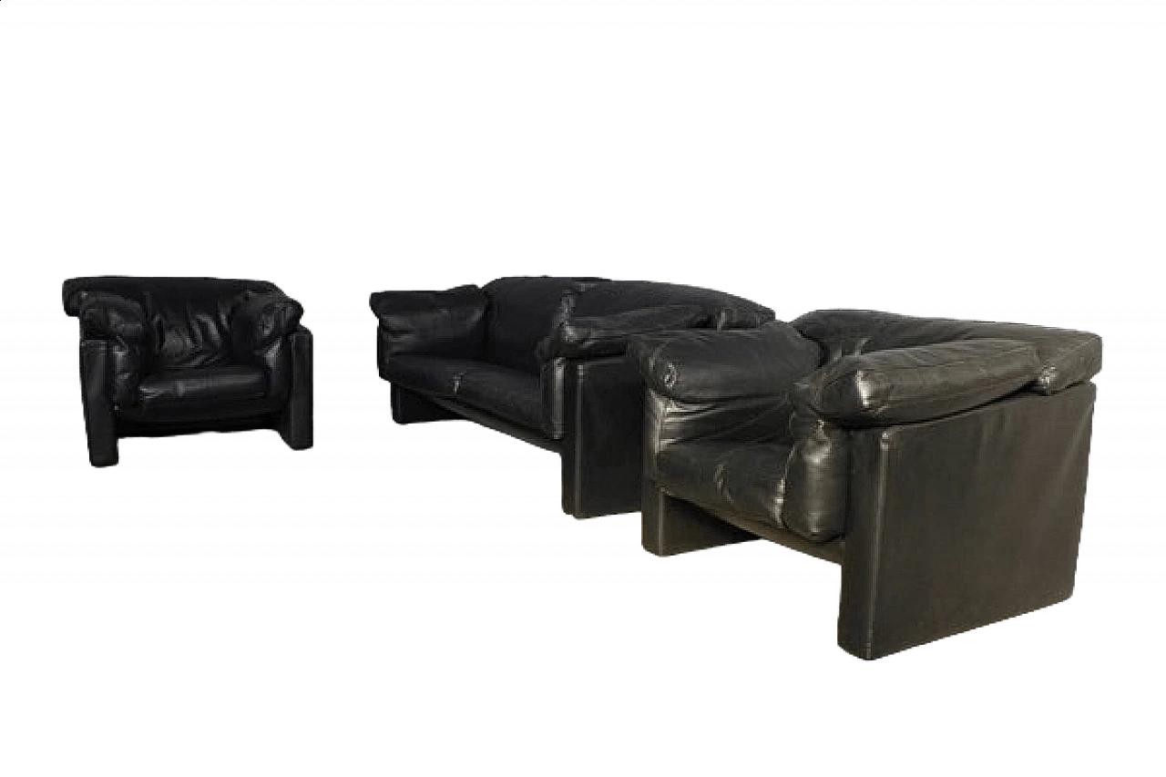 Coppia di poltrone e divano in pelle nera di Moroso, anni '80 42