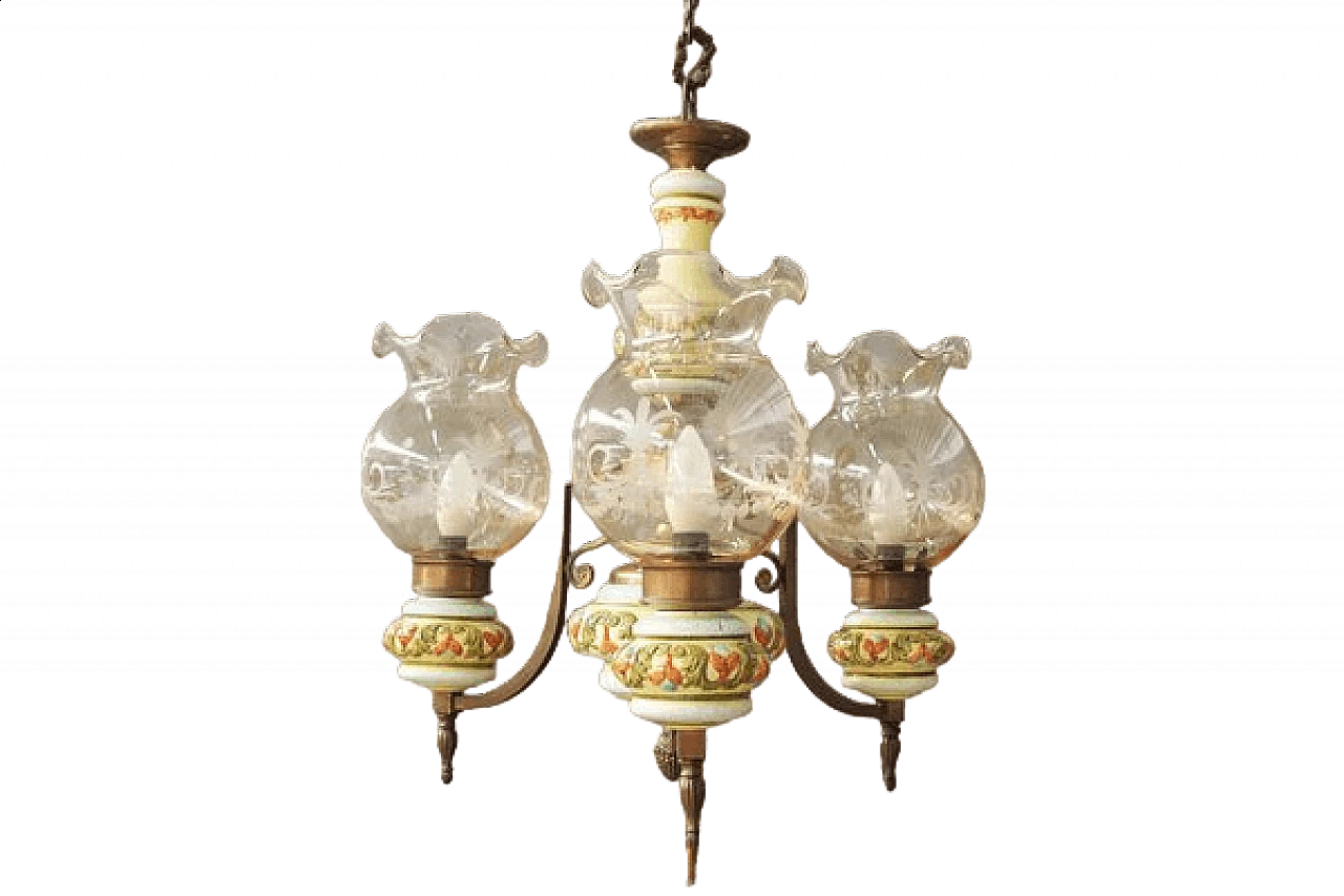 Ceramic, glass and brass chandelier by Bassano, 1950s 9