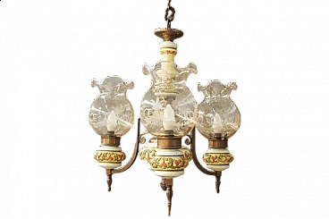 Ceramic, glass and brass chandelier by Bassano, 1950s