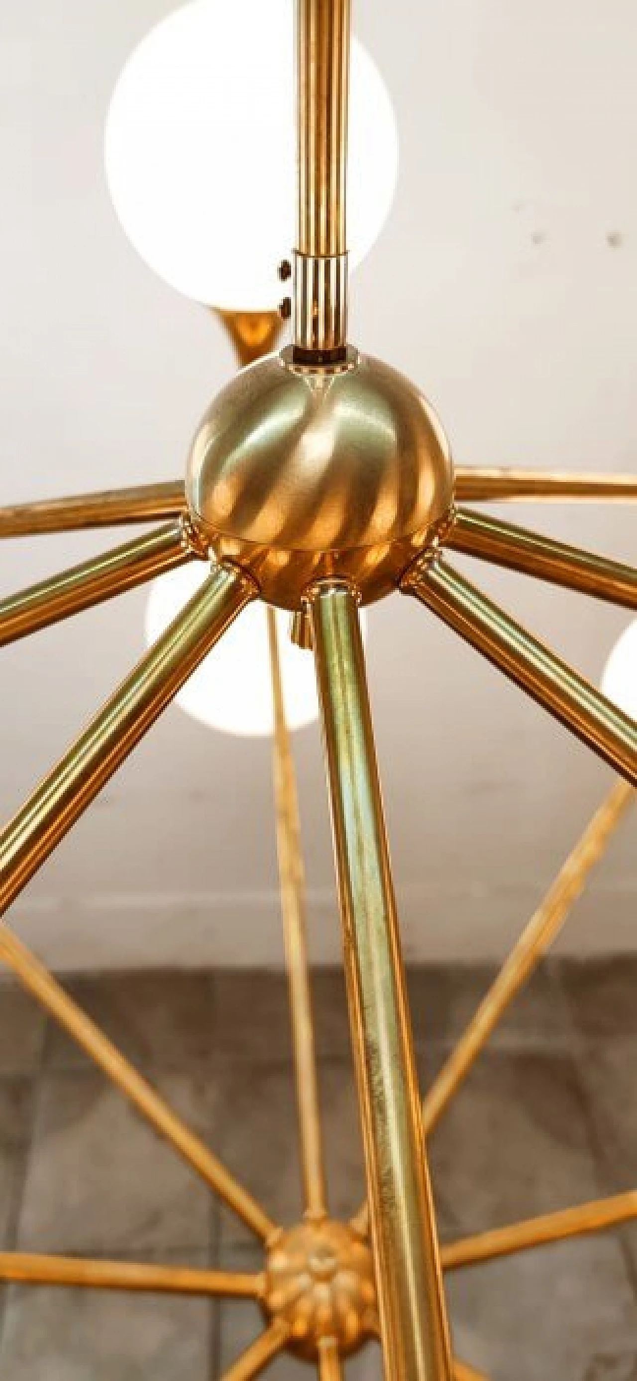 Brass chandelier 16 lights with spherical glass, 1960s 2
